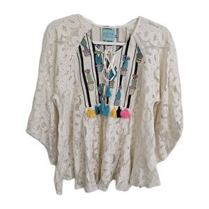 Judith March Blouse Medium Ivory Crochet Boho Lace PomPom‎ Top Resortwear Beach